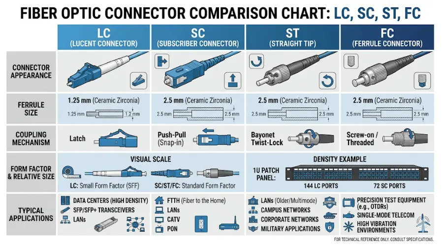 Comparison of LC, SC, ST, and FC fiber optic connectors by size and coupling mechanism