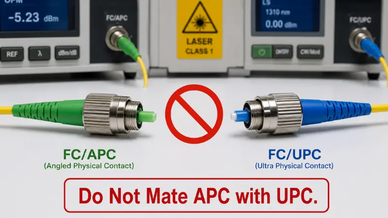 Warning image showing that FC/APC and FC/UPC connectors should not be mated together because of polish mismatch Warning image showing that FC/APC and FC/UPC connectors should not be mated together because of polish mismatch