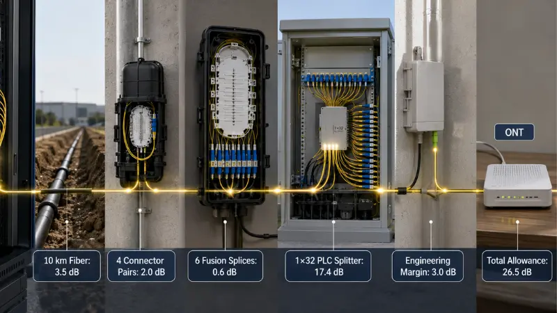1×32 PLC splitter optical budget example with fiber connector splice and engineering losses 1×32 PLC splitter optical budget example with fiber connector splice and engineering losses