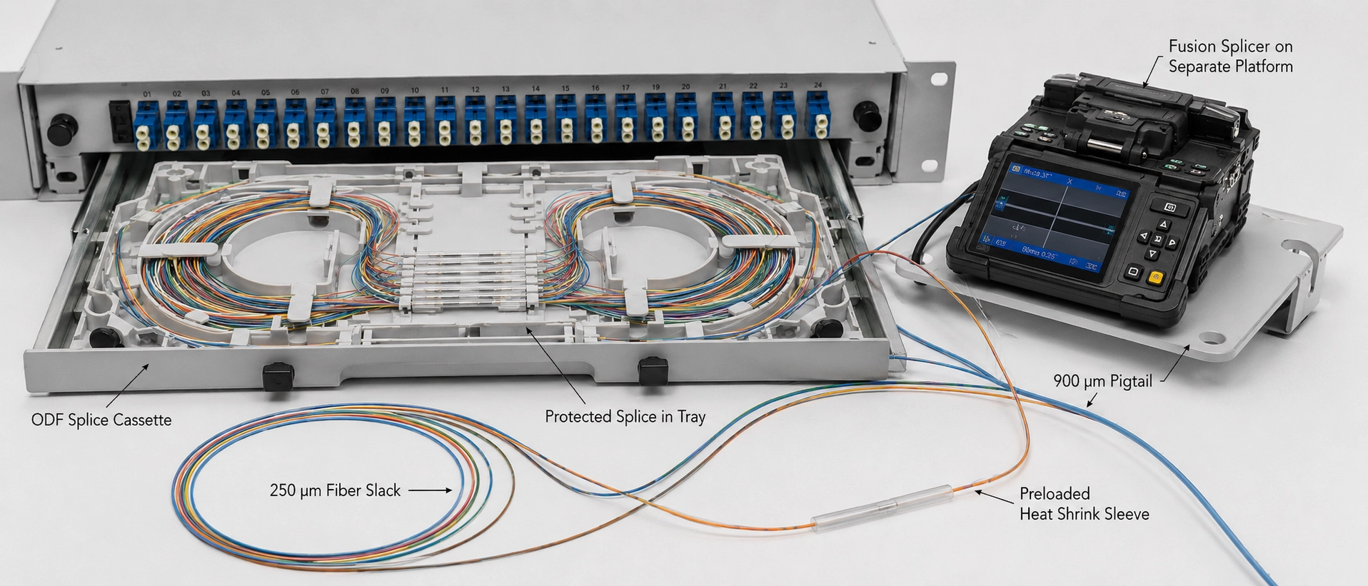 High density fiber optic splice cassette showing 250um pigtail routing management tray inside ODF enclosure